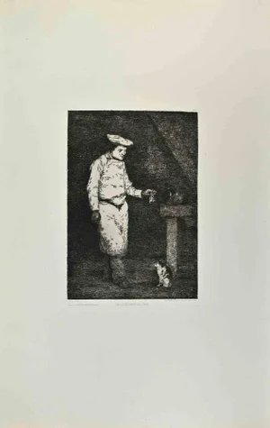 Theodule Ribot, Le Déjeuner du Chat, Etching, 1870s