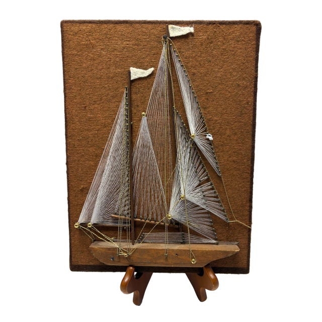 Vintage Mid Century String Art Sailboats | 1960s Nautical Wall Art | MCM Modern Boat Decor | Felt & Wood For Sale