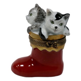Late 20th Century Limoges Kittens in a Christmas Stocking Box For Sale