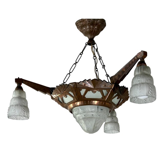 Art Deco 4-Light Chandelier in Glass and Metal, 1930s For Sale