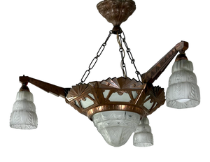 Art Deco 4-Light Chandelier in Glass and Metal, 1930s