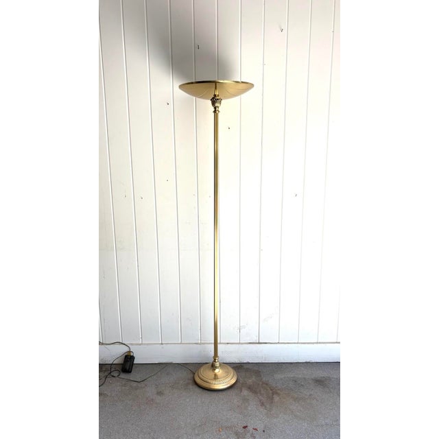1970s-80s brass torchere/flying saucer floor lamp. Excellent condition. Measurements 70" tall 16.5" diameter at top 11"...