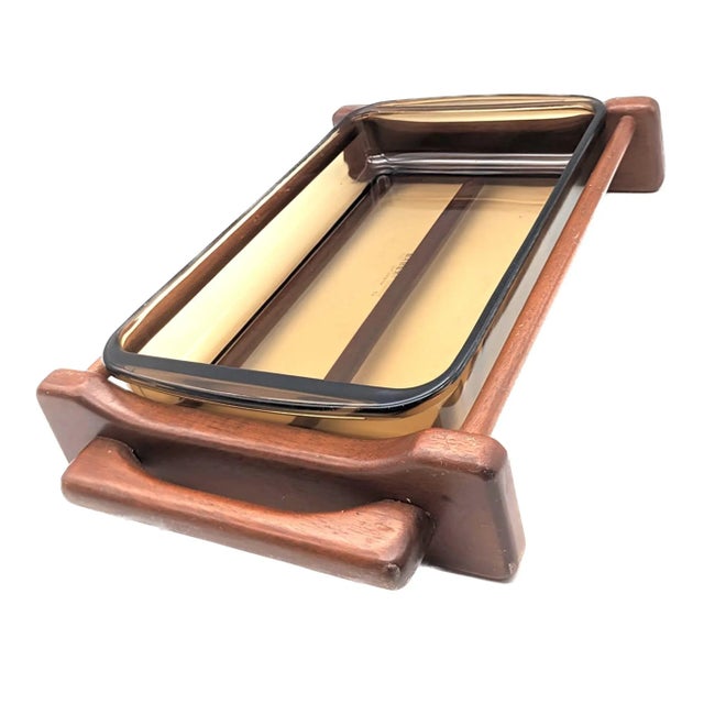 1970s 1970s Teak Wood Casserole Cradle With Smoke Brown Glass Baking Pan, 2 Piece Set For Sale - Image 5 of 11