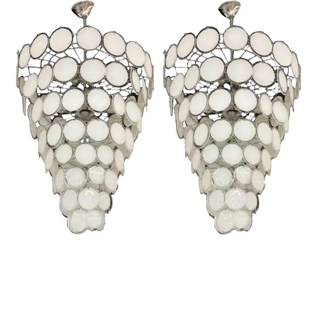 Pair Murano Disc Mid-Century Modern Tiered Chandelier, Antique Brass, Monumental For Sale