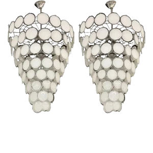 Pair Murano Disc Mid-Century Modern Tiered Chandelier, Antique Brass, Monumental