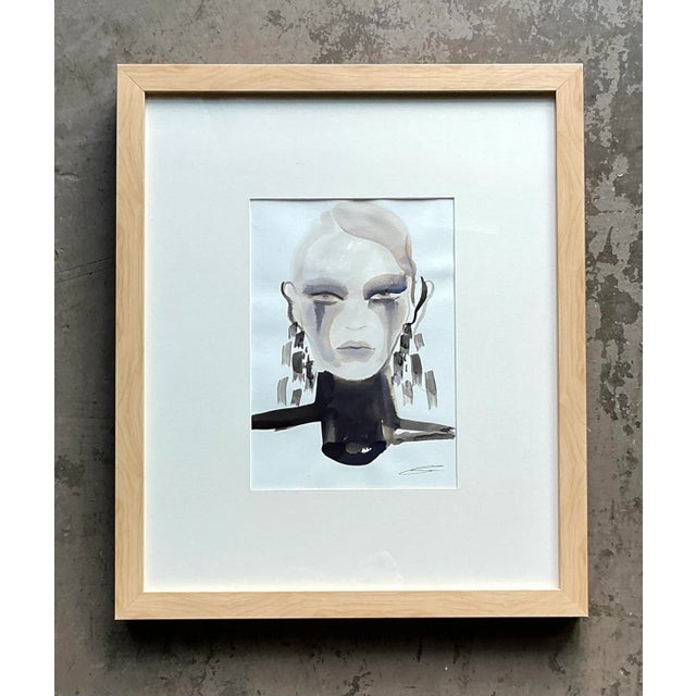 Mid-Century Modern Vintage Original Watercolor Portrait on Paper For Sale - Image 3 of 5