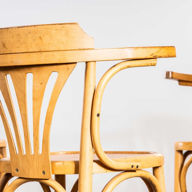 Wood Blonde Fan Back Armchairs with Patterned Seat, 1950s, Set of 4 For Sale - Image 7 of 11