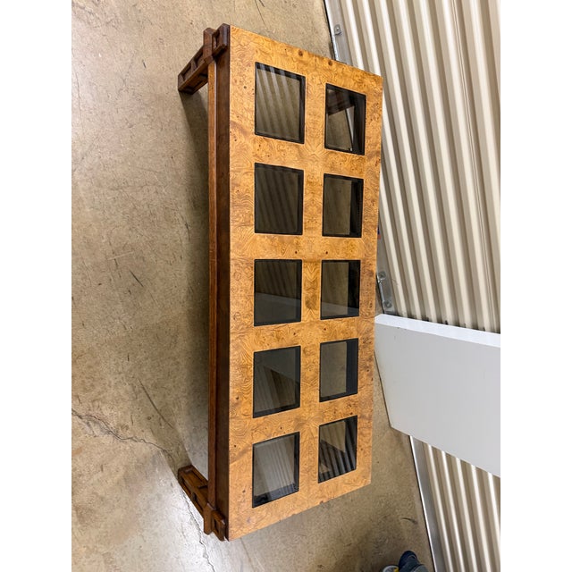 1970s Vintage Burl Wood Coffee Table Square Smoked Glass MCM Excellent condition lightly used All glass does come out for...