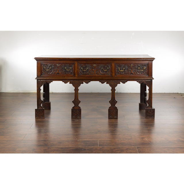 English 19th Century Oak Sideboard with Three Low-Relief Carved Drawers For Sale In Atlanta - Image 6 of 12