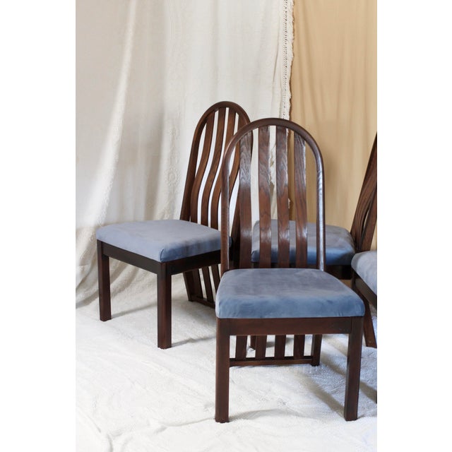 Set of 4 Oak Arched Dining Chairs With Blue Velvet Upholstered Seats For Sale - Image 4 of 16