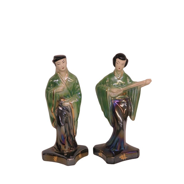 Japanese Eosin Glazed Ceramic Figurines Pair of 2 Iridescent Rainbow Sheen 5028b For Sale - Image 9 of 10
