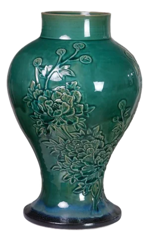 Hand-Carved Chrysanthemum Vase in Emerald Glaze by Pottery 12, Hanoi Studio Art Ceramic