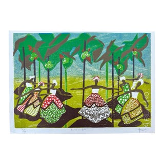 “Bahia Em Festa” Color Woodblock Print by Brazilian Artist Hannah Brandt, Signed & Numbered, 1979 For Sale