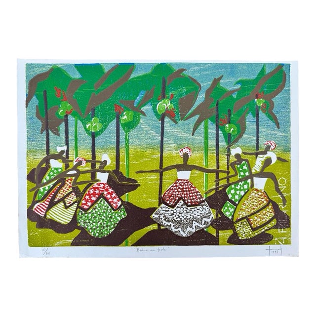 “Bahia Em Festa” Color Woodblock Print by Brazilian Artist Hannah Brandt, Signed & Numbered, 1979 For Sale