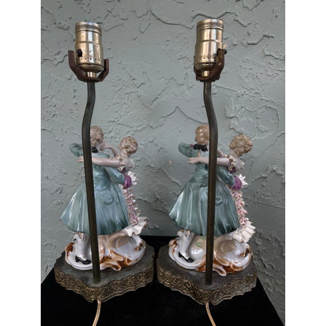 Mid 20th Century Vintage Rococo Revival Dancing Couple Porcelain Table Lamps – Set of 2, Betson China, C. 1960s For Sale - Image 5 of 10