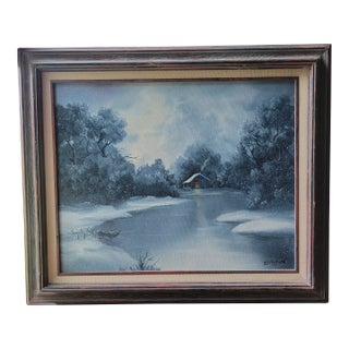 VTG Oil Painting 25"x21" Canvas Snow Cabin Stream Trees Water SGN Bd Pollard '93 For Sale