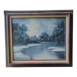 VTG Oil Painting 25"x21" Canvas Snow Cabin Stream Trees Water SGN Bd Pollard '93