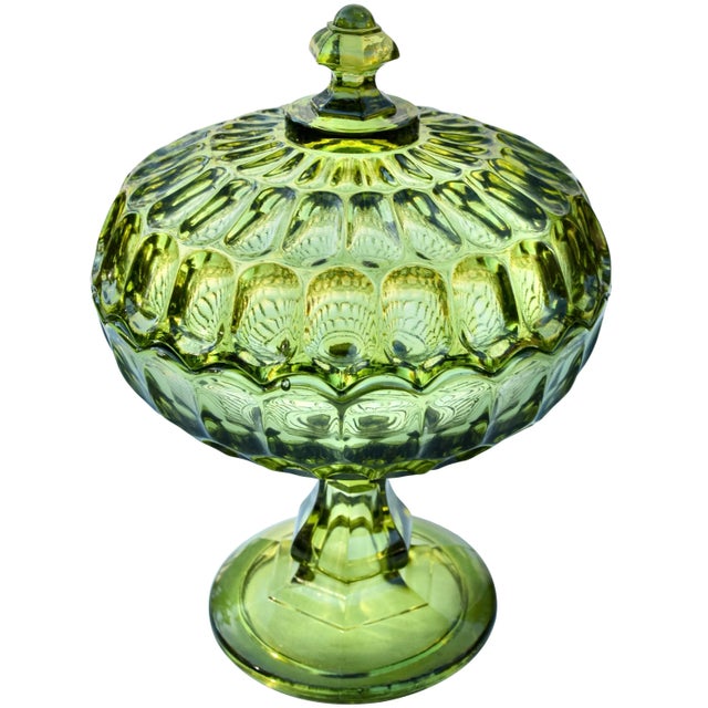 Midcentury heavy crystal candy dish and centerpiece in color green, handcrafted with elegant textured pattern and...