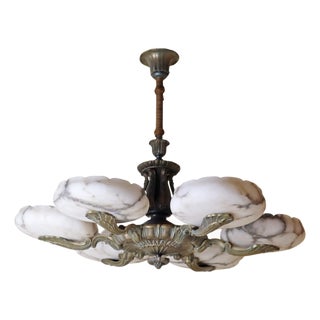 Art Nouveau Alabaster Bronze Chandelier, 1920s For Sale