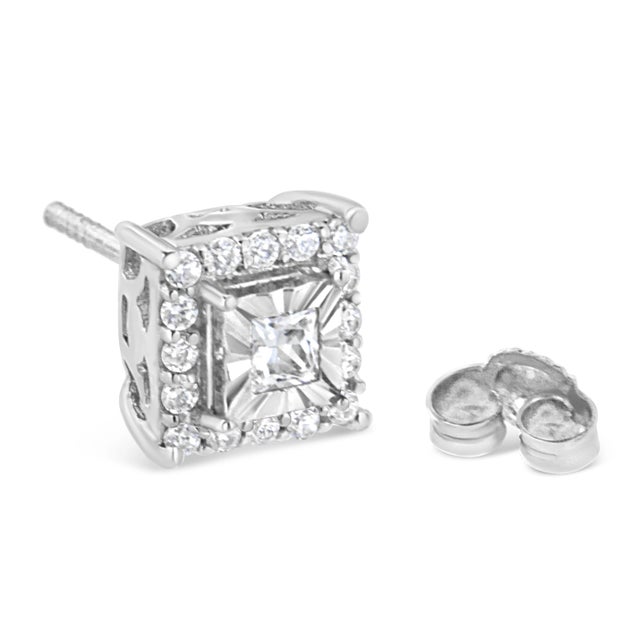 Haus of Brilliance .925 Sterling Silver 1/4 Cttw Princess and Round Cut Diamond Halo Stud Earrings For Sale - Image 4 of 6