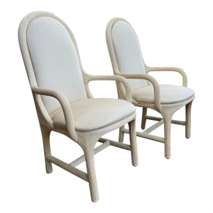 Vintage 1980s American Drew Post Modern Round Back Split Reed Arm Chairs - a Pair