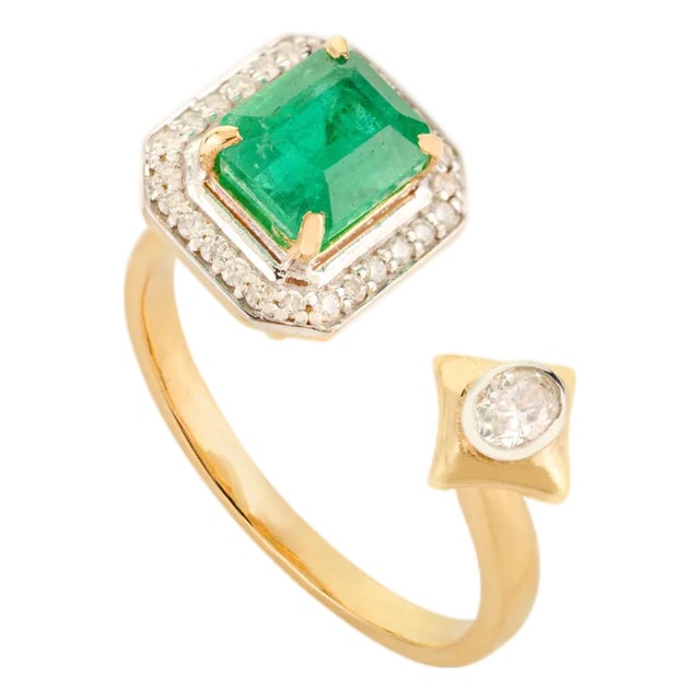 18k Gold Open Diamond Emerald Bypass Ring Size 5 For Sale