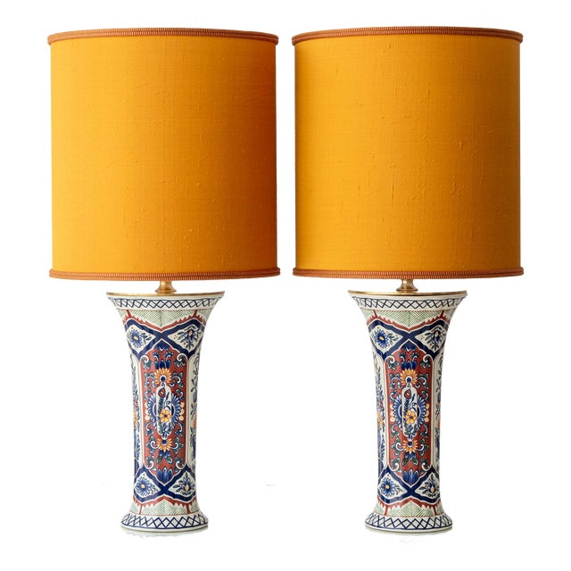 Hand-Painted Trumpet Table Lamps by Boch Frères for Delft, 1950s, Set of 2 For Sale