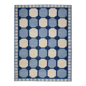 Turkish Kilim Rug Blue & Ivory Geometric Design Handmade Rug 10'6" X 14'