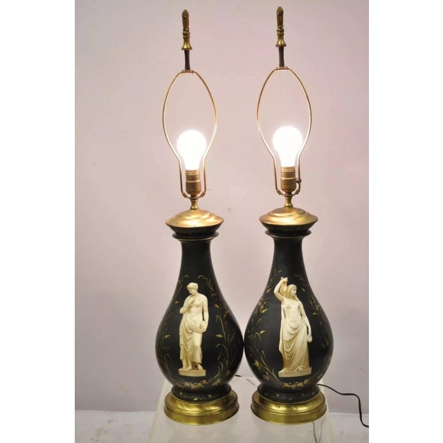 Antique French Neoclassical Style Black Porcelain Classical Bulbous Table Lamps - a Pair. Item features Black bulbous...