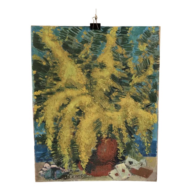 Percival Pernet, Bouquet de mimosa et jeux de carte, bouquet niçois, Oil on Paper on Cardboard For Sale