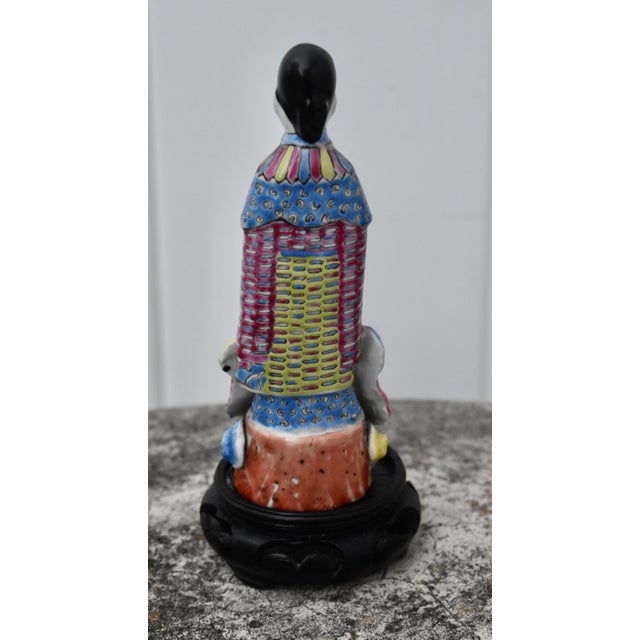Rose Vintage Chinese Famille Rose Porcelain Figurine Scholar Court Figure Wood Stand For Sale - Image 8 of 15