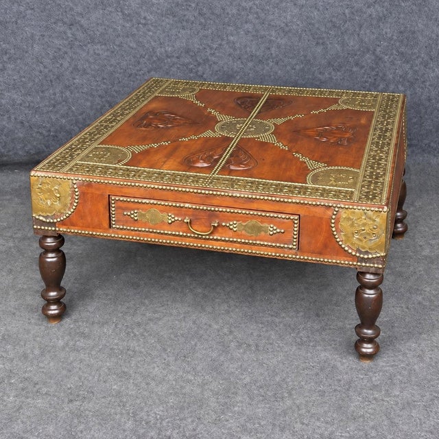 English Mid-Century Anglo-Indian Carved Teak and Brass Coffee Table For Sale - Image 3 of 6