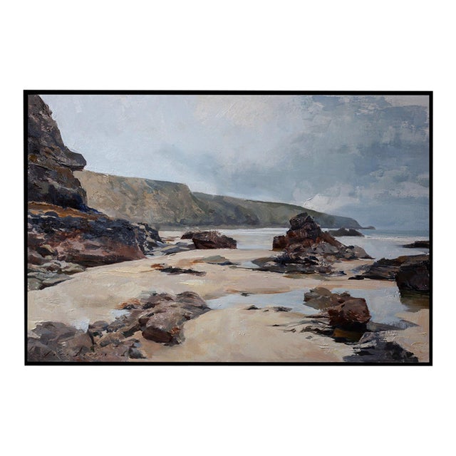 Contemporary Amidst the Rocks and Reflections by Jon Doran | Oil on Panel Cornish Beach at Low Tide For Sale