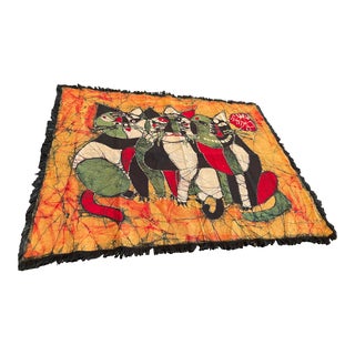 Handcrafted Chinese Wax Printed Batic with 3 Abstract Cats For Sale