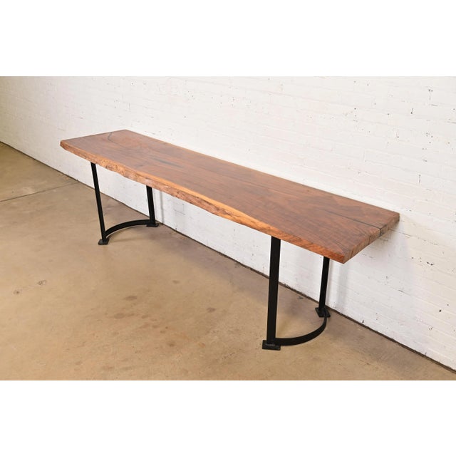George Nakashima Nakashima Style Modern Studio Crafted Monumental Live Edge Solid Walnut Slab Iron Base Console Table For Sale - Image 4 of 13