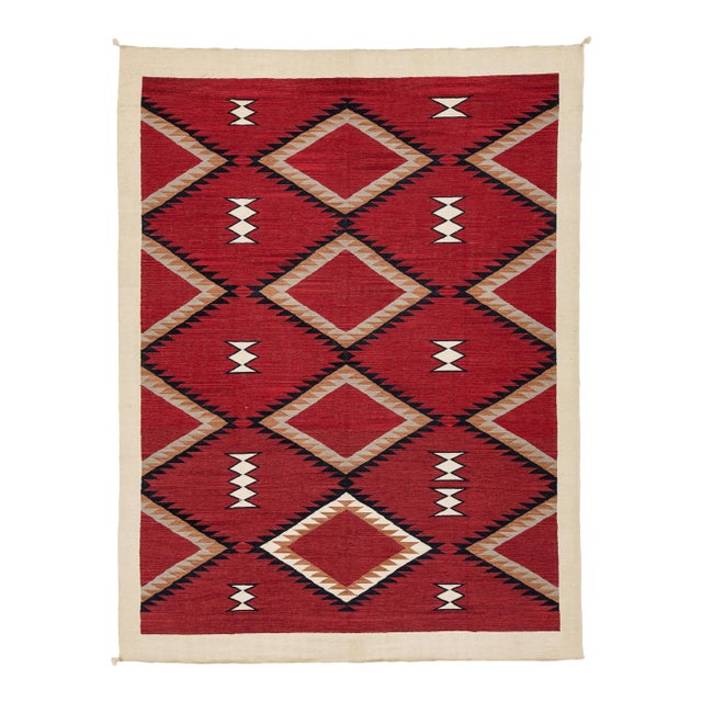 9x12 Modern Navajo Style Geometric Area Rug Handmade Red & Cream Wool Flatweave For Sale
