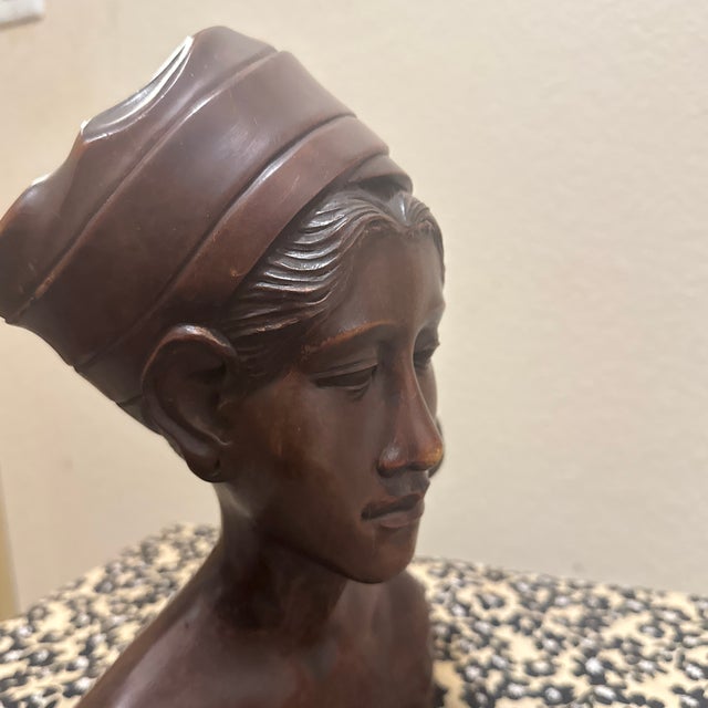 Vintage Art Deco Balinese Woman Bust – Hand-Carved Mahogany Wood Sculpture For Sale - Image 9 of 11