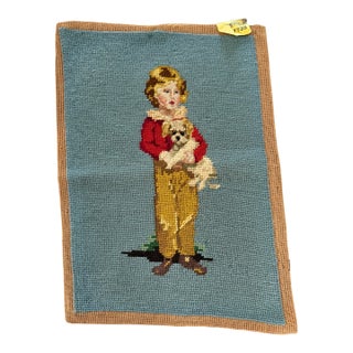 Vintage Handmade Needlepoint Textile Art - Child With Dog For Sale