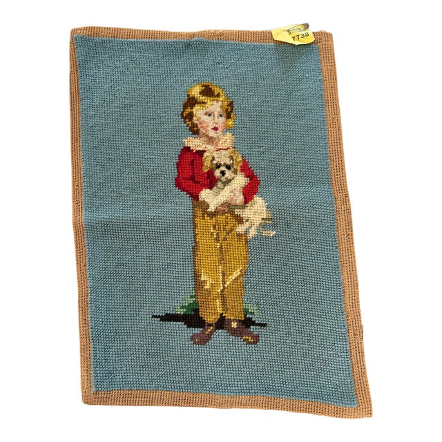Vintage Handmade Needlepoint Textile Art - Child With Dog For Sale