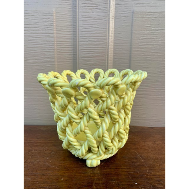 Yellow French Country Trompe l'Oeil Porcelain Rope Basket Cachepot For Sale - Image 8 of 11
