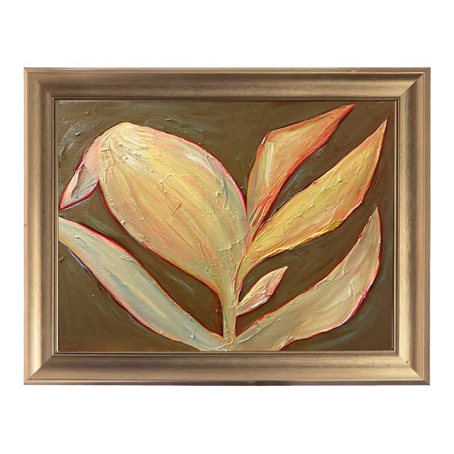 Original Tulip Bud Painting in Brushed Gold Frame, Oil on Canvas, 17" W X 21" H by Tatiana Duperault For Sale