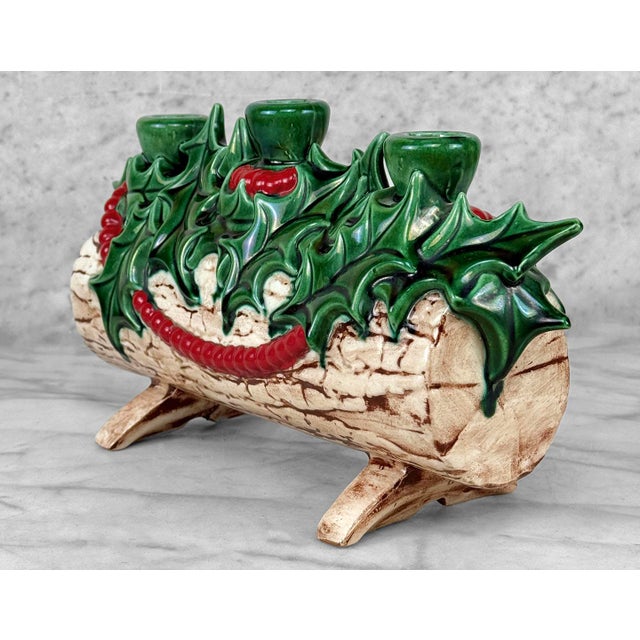 Vintage 1960's Christmas Yule Log Ceramic Centerpiece Candlestick Holder For Sale - Image 4 of 11