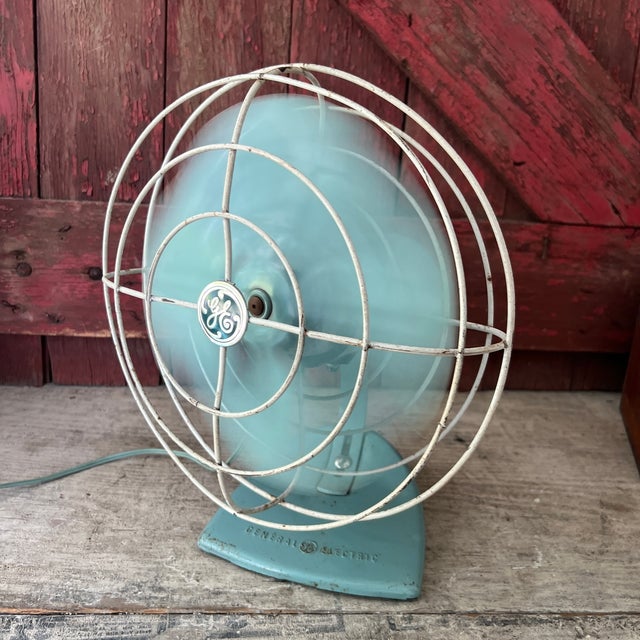 Vintage General Electric 1950s Aqua Blue Metal Oscillating Desk Fan - 10" Blades 14" Tall For Sale - Image 14 of 14