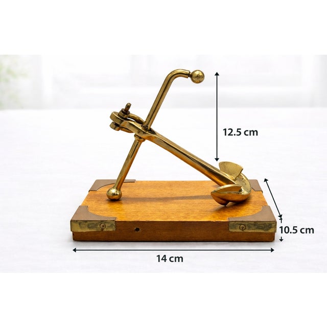 Vintage Mid-Century Brass Anchor Sculpture on Campaign Wooden Base, 1960s For Sale - Image 4 of 8