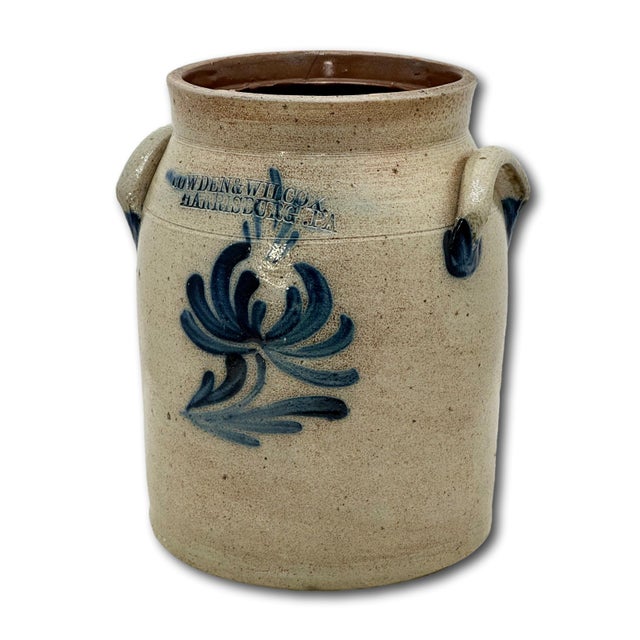 American Small 1 Gallon Size Blue Decorated Antique American Stoneware Butter Churn Crock by Cowden & Wilcox Harrisburg Pennsylvania For Sale - Image 3 of 18