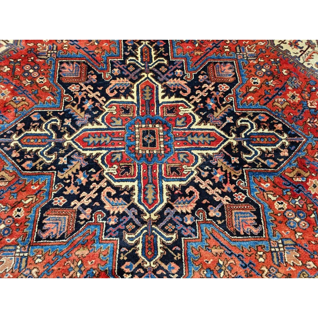 Vintage Heriz Rug, Hand-Knotted Wool, Geometric Medallion Pattern, Brick-Red & Navy, 8x11 For Sale - Image 9 of 12