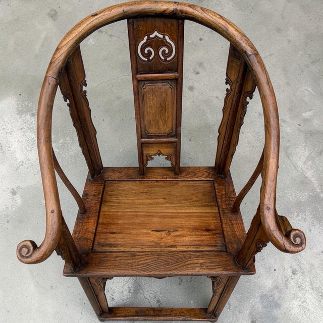 Pair Fine Antique Carved Chinese Horseshoe Lounge Chairs For Sale - Image 4 of 12