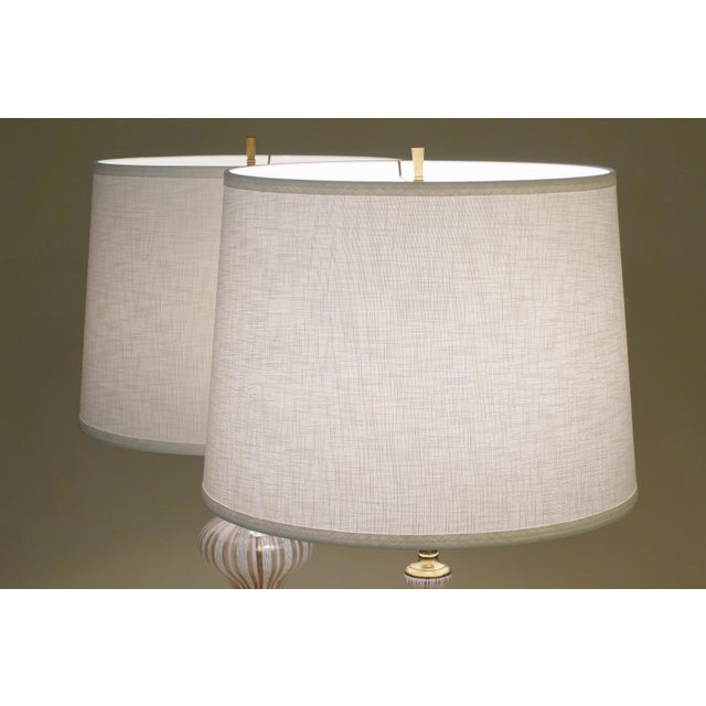 1960 Large White & Pink Barovier Toso Murano Italy Latticino Blown Art Glass Brass Table Lamps - a Pair For Sale - Image 10 of 13