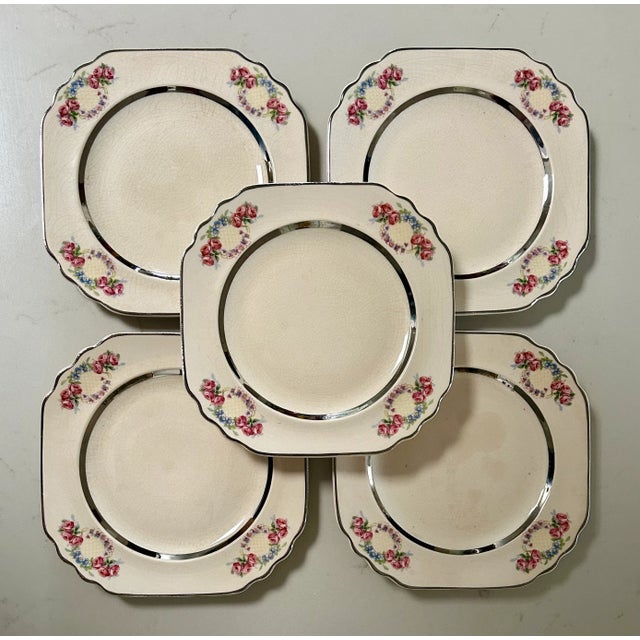 Ceramic Limoges Art Deco Pink Floral and Silver Trim Dessert Plates - Set of 5 For Sale - Image 7 of 7