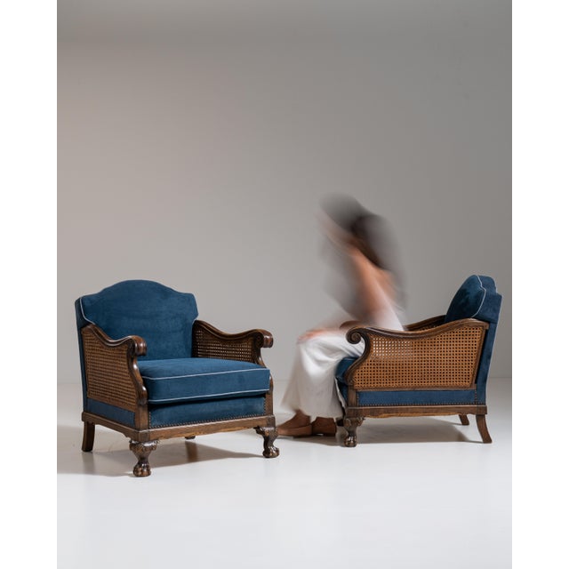 Wood Pair of Early 20th Century British Navy Blue Edwardian Velvet Upholstered Armchairs with Cane Panels For Sale - Image 7 of 15